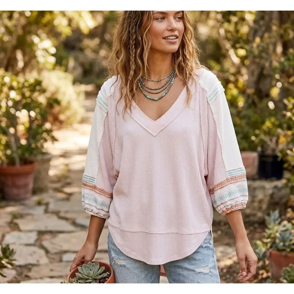 Free People Shirt Womens M Bubble Tee Tops Blouson puff Sleeves embroidered Pink